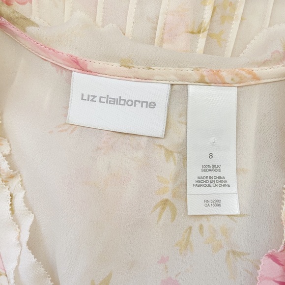 Vintage Liz Claiborne Silk Floral Pleated Blouse Ruffle Roses - Picture 5 of 12